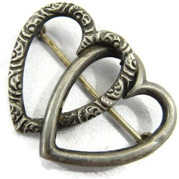Vintage Sterling Silver Brooch Double Heart - Picture 1 of 9